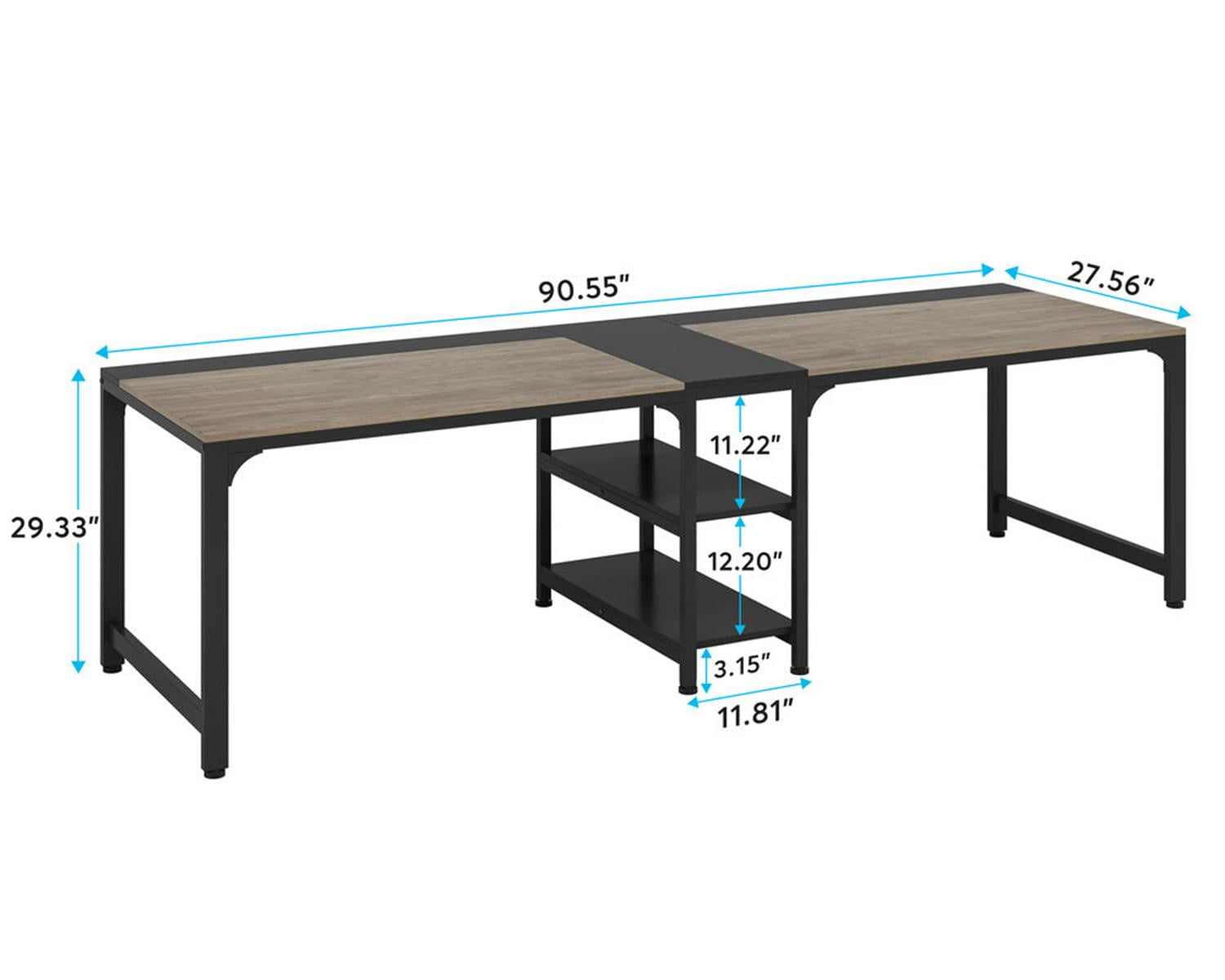 Demi Bonn 90" Industrial Two Computer Desk with Storage Shelves, Modern Double Study Writing Gaming Table for Home Office, Gray