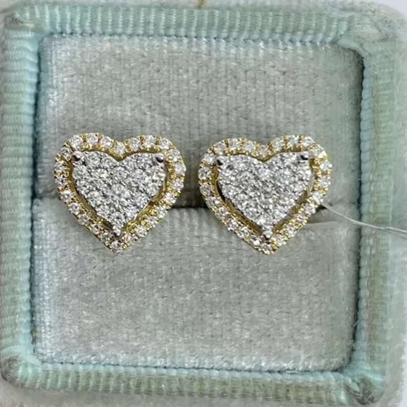 2CT Simulated Diamond 925 Silver Heart Stud Earrings 14K Two-Tone Gold Plated