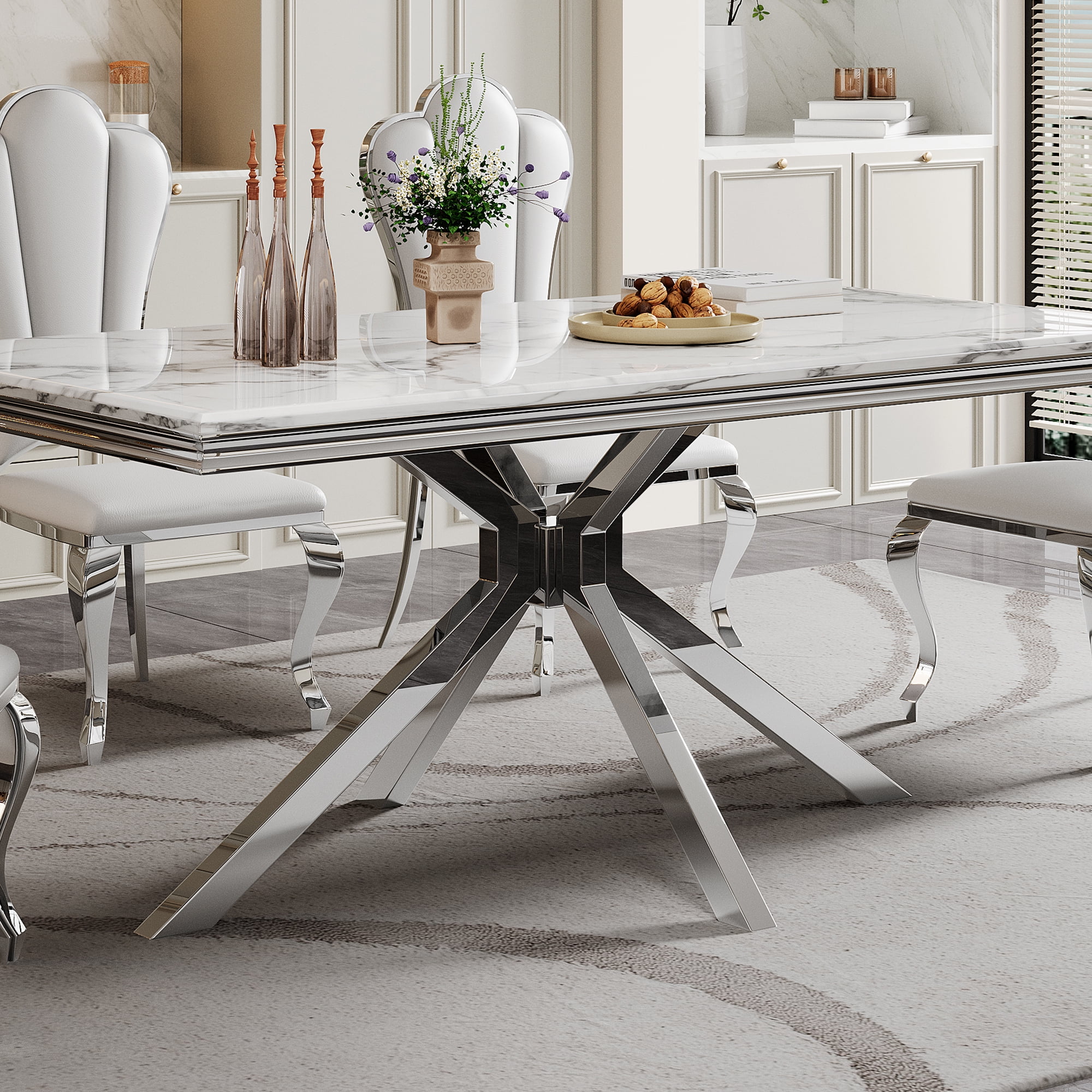 70" Rectangular Dining Table for 6 People, Modern Faux Marble Kitchen Table with Stainless Steel Legs, Dining Table for Dining Room, Living Room