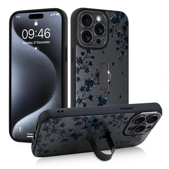 Gukalong Funda Para Teléfono Para Iphone 15 Pro Max 6,7 Pulgadas, Color Negro, Flores Florales, Flor De Cerezo, Funda Delgada Para Teléfono Con Soporte Para Correa, Resistente A Los Golpes, Protección