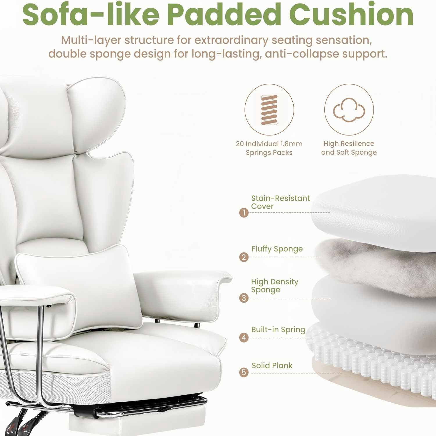 Woodty Adult PU High Back Indoor Commercial Adjustable Armrests and Lumbar Support Office Chairs, White