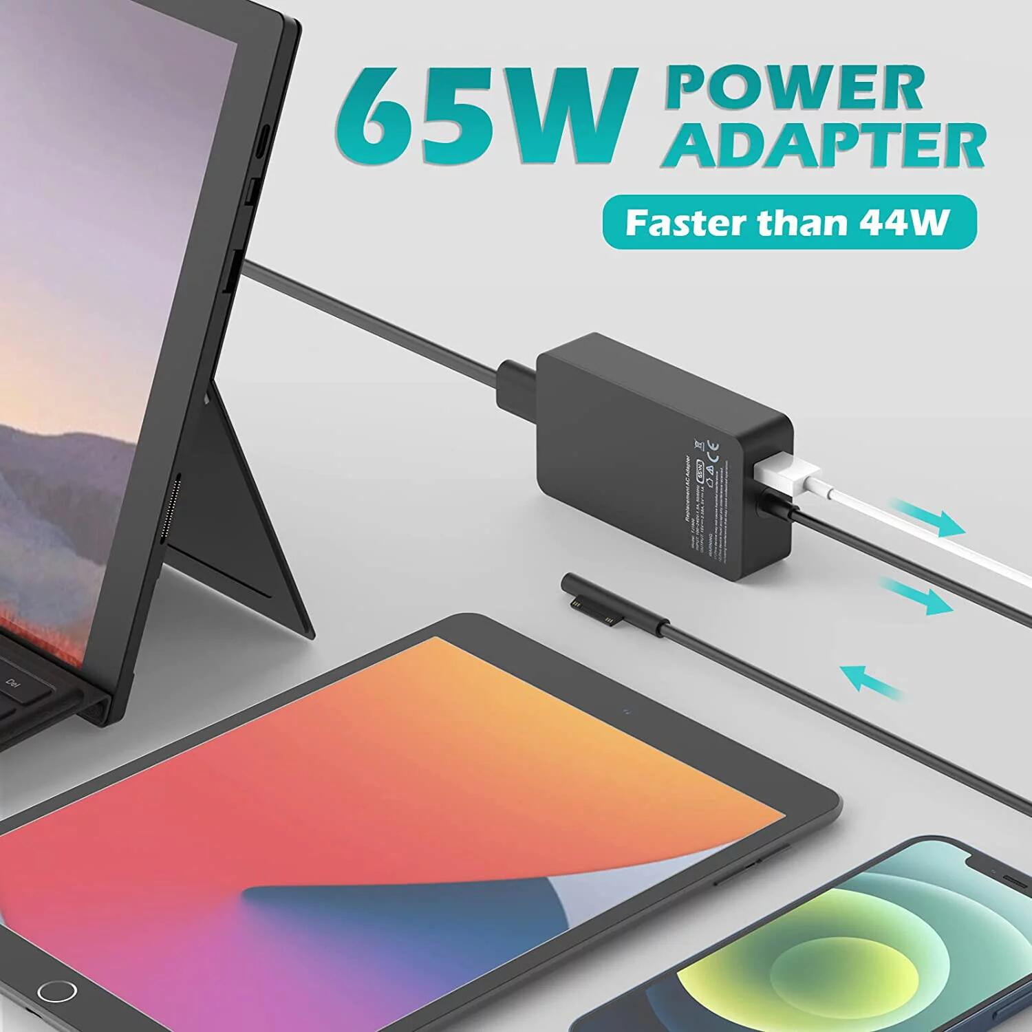 65W Charger Microsoft Surface Charger for Microsoft Surface Pro 3, 4, 5, 6, 9, 8, 7+, X, Windows Surface Laptop 5, 4, 3, 2, 1, Studio, Surface Go Tablets, Surface Book 3, 2, 1 with USB-C port