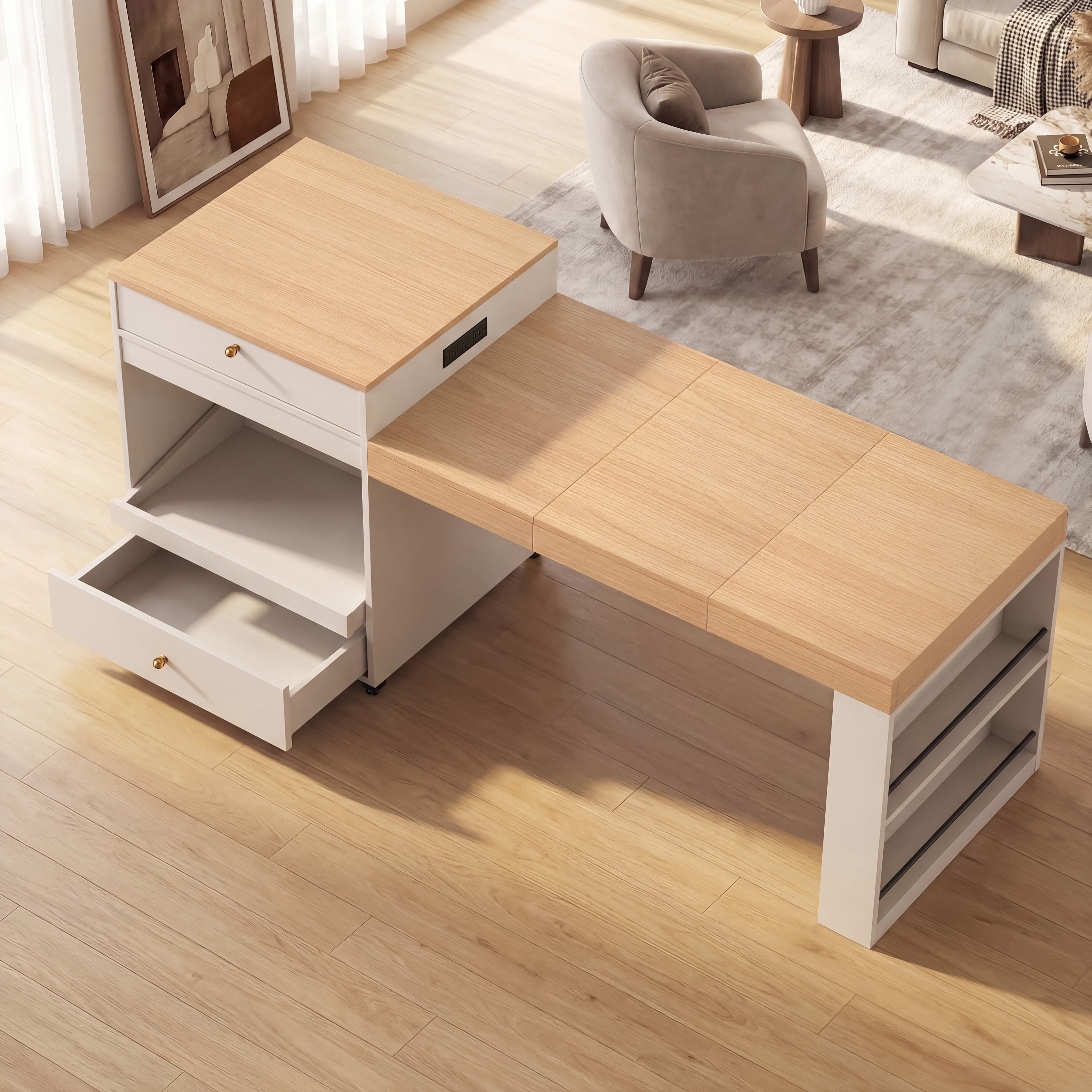 Mintazer 78.8'' Power Outlet Rolling Kitchen Island with 3-Stage Extendable Dining Table for 6-8, Kitchen Storage Cabinet with 2 Drawers and 3 Spice Rack for Pantry, Kithen, Dining Room, White