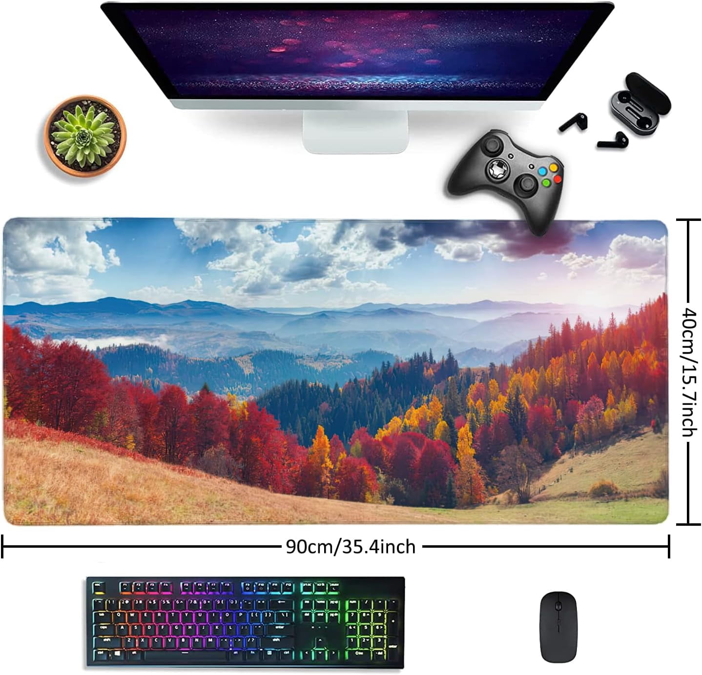 Colorful Autumn Landscape in Mountain Village Gaming Mouse Pad XXL Large Desk Mouse Pad Keyboard Mat with Stitched Edges Waterproof Non-Slip Desk Mat for Laptop,Keyboard,Computer 35.4 * 15.7 Inch