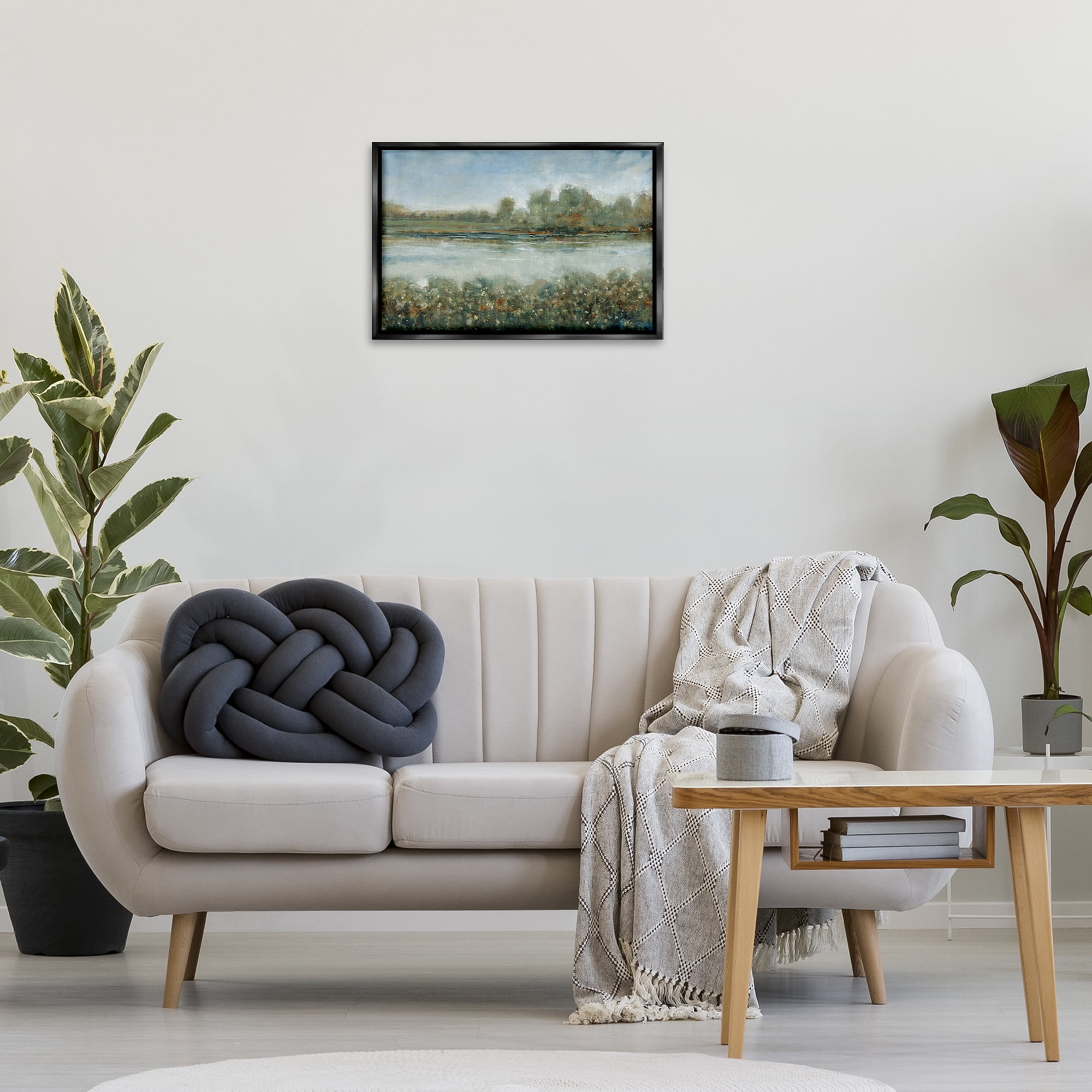 Stupell Industries Vegetation Lining River Landscape & Nature Painting Black Floater Framed Canvas Art Print Wall Art, 25 x 17