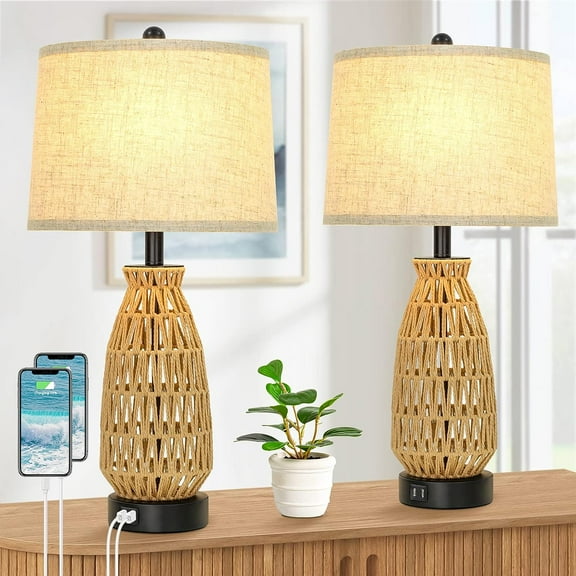 Set of 2 Rattan TableLamps with 2 USB Ports, Coastal Woven Bedside Lamps 26’’ Tall, Farmhouse Nightstand Lamp with Rotary Switch and Cream Fabric Shade, Modern Desk Lamps for Living Room Bedroom Dorm