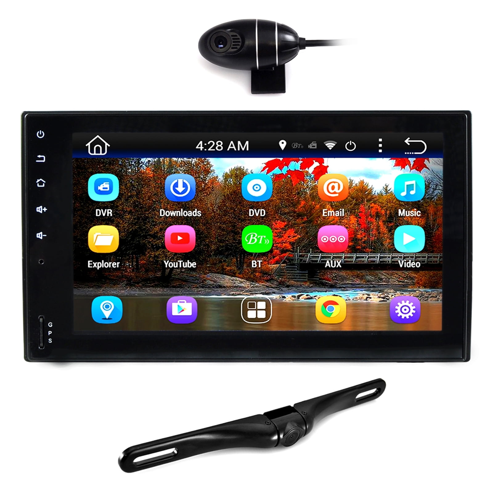 Double DIN Android Stereo Receiver and Dual Camera System, HD DVR Dash