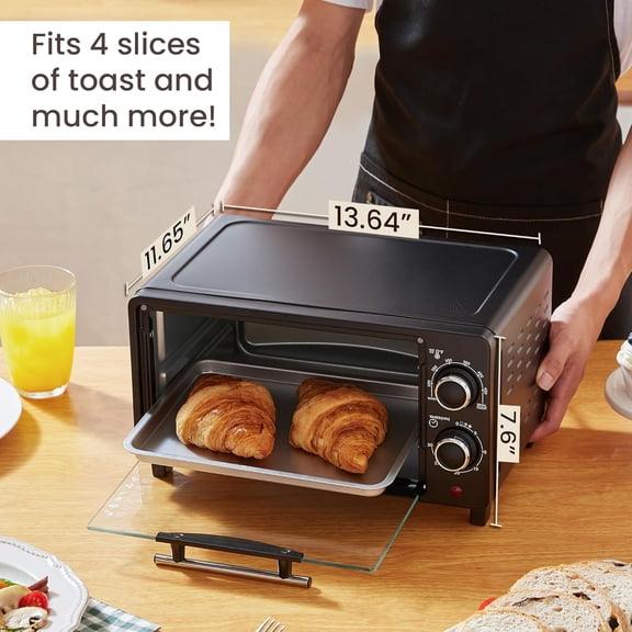 9L/4 Slice Countertop Toaster Oven with 30-Minute Timer, Adjustable Temperature Control, Includes Baking Pan and Wire Rack, Bake, Broil, Toast, Black