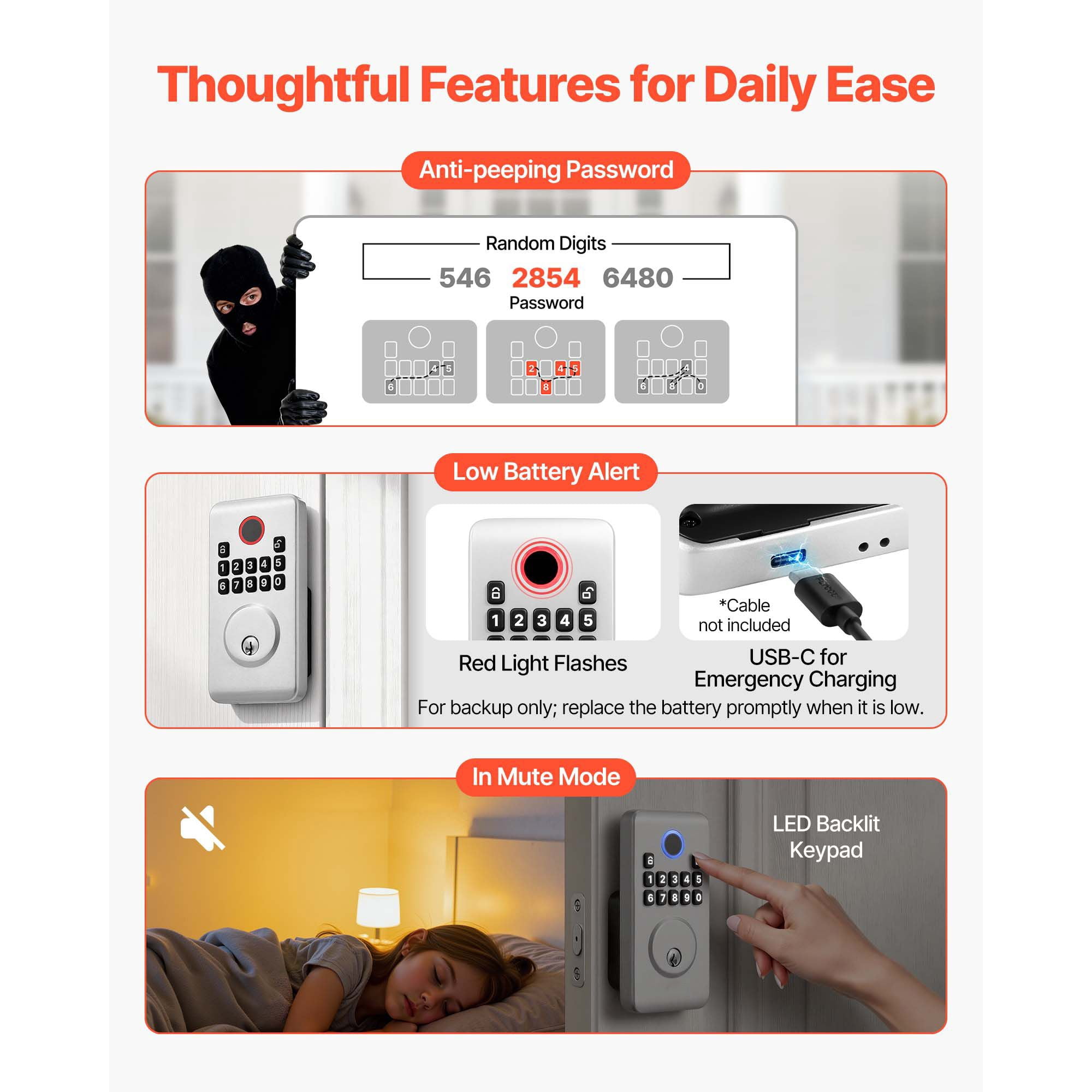 Keyless Entry Door Lock, Electronic Deadbolt with Easy-Grip Design, Customizable User Codes, Auto Lock, Anti-Peeping, Backlit Keypad for Home Apartment Silver
