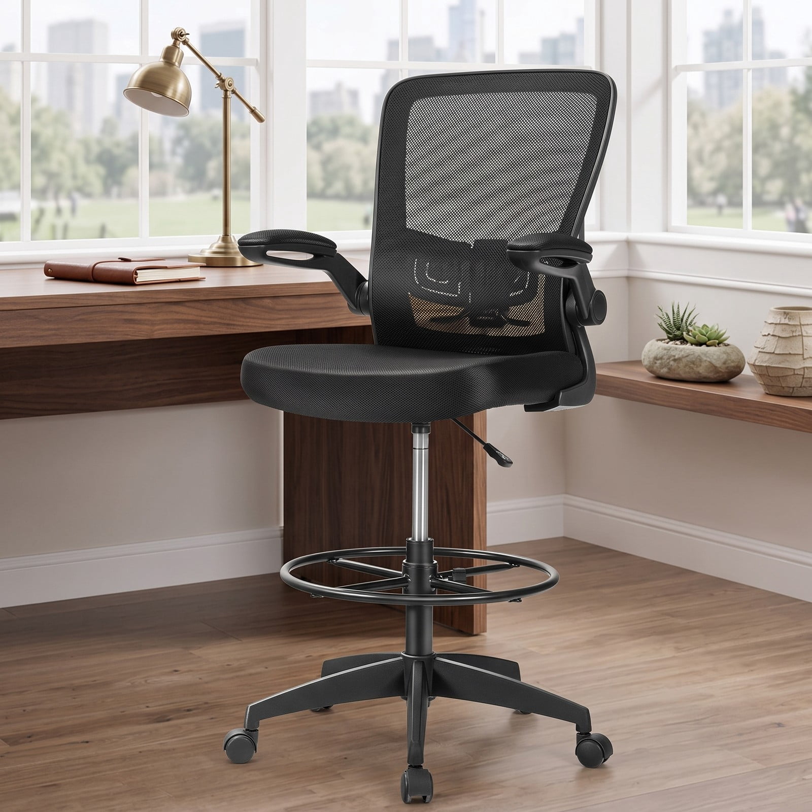 Furnibear Height Adjustable Drafting Chair with Flip-Up Arms, Ergonomic Mesh Back Rolling Task Office Chair with Foot Ring and Adjustable Lumbar Support for, Black