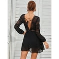 thumbnail image 3 of Plunge Neck Sheer Sleeve Tie Back Boho Dress Above Knee Length, 3 of 3