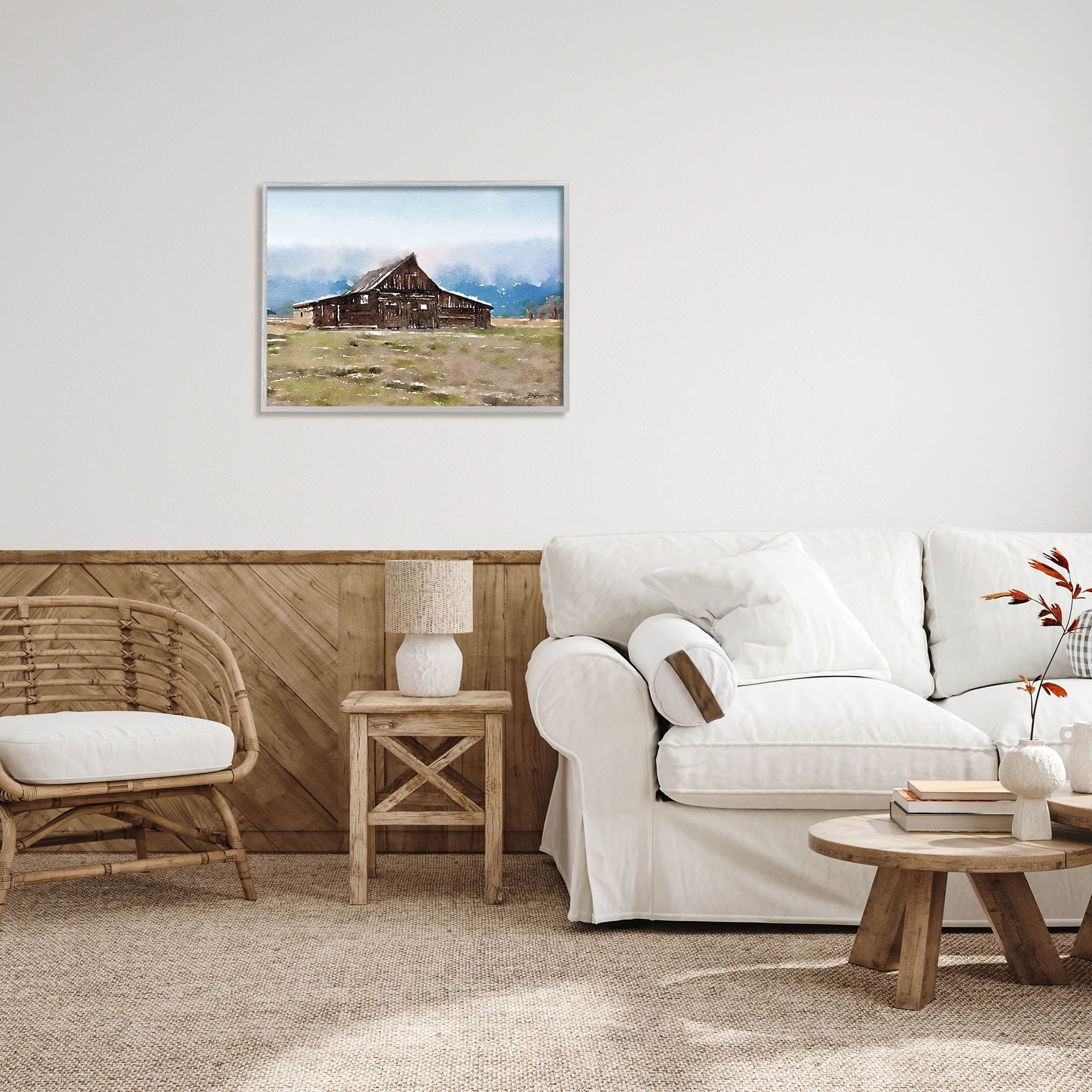 Rural Countryside Cabin Landscape Landscape Painting Gray Framed Art Print Wall Art
