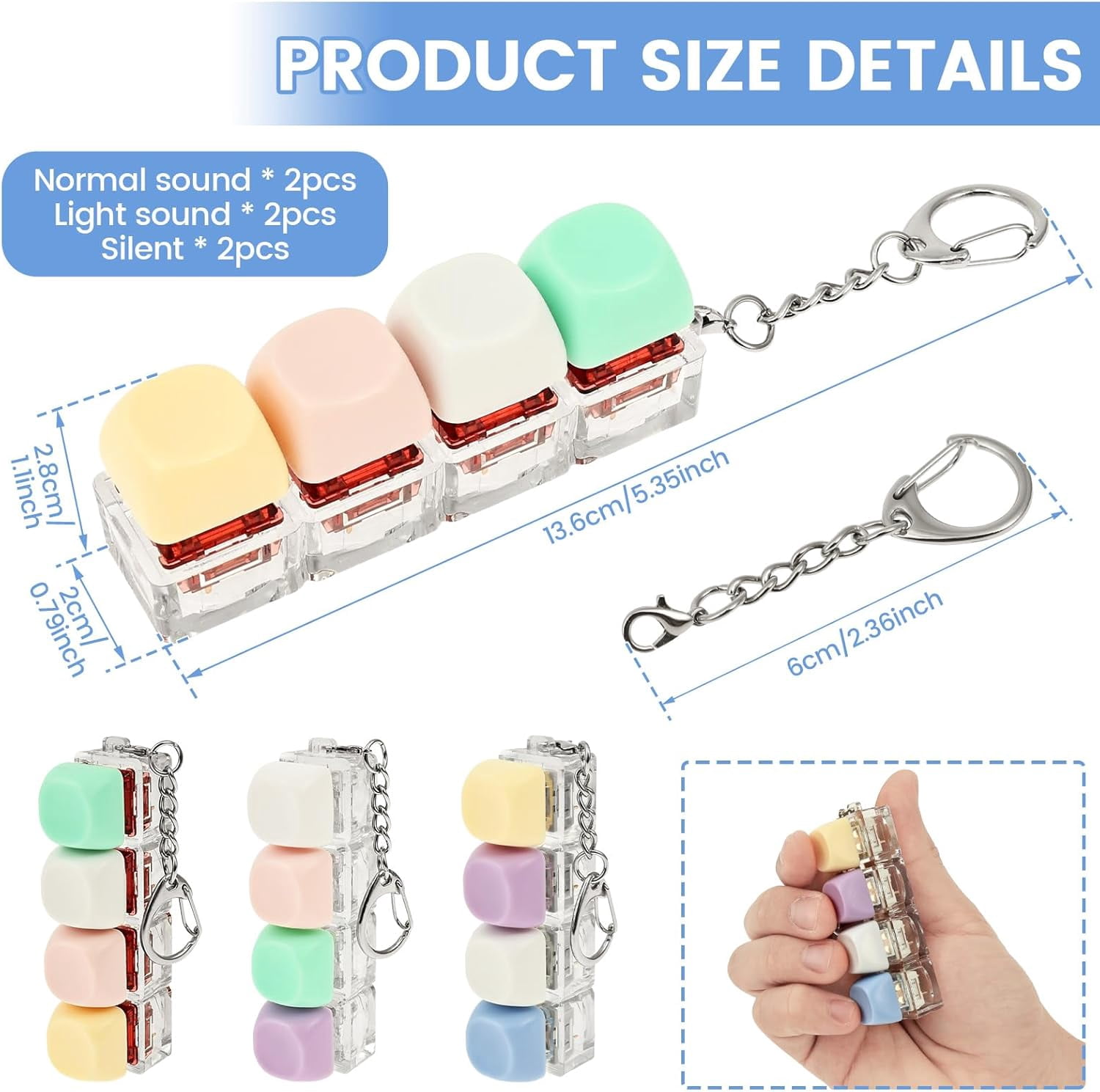 6PCS Creamy Keyboard Fidget, Random Color Clicky & Silent Keyboard Clicker Keychain, Stress Relief Accessory for Bags, Keys and Desk Use