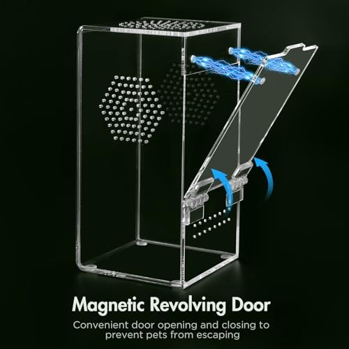 Pre-Assembled Jumping Spider Enclosure,Acrylic Terrarium with Magnetic Door & All-Side Ventilation,Habitat for Spiderling, Mantis,Tarantula,Snail,(Tweezer & Temp Sticker Included)