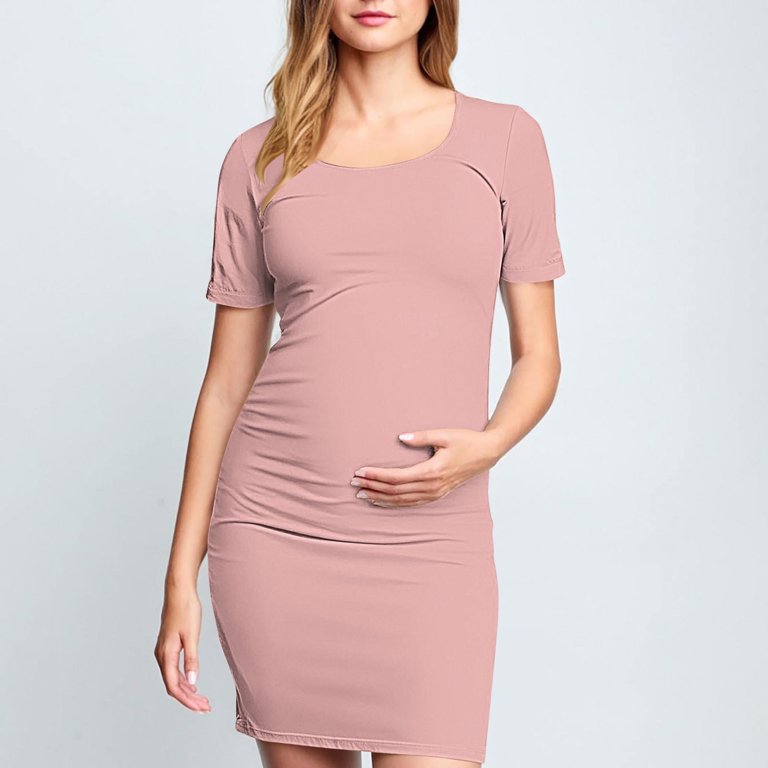 Gakvbuo Maternity Dress For Photoshoot Womens Short Sleeve Breast-Feeding Maternity Nursing Dress Bodycon Pregnancy Scoop Neck Ruched Midi Fitted