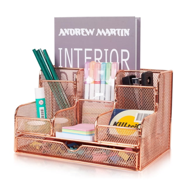 Organizador de escritorio Barelove Rose Gold con cajón corredizo y 7 compartimentos