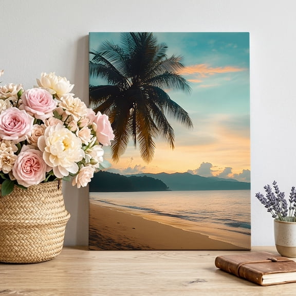 Summer Beach Sunset Landscape Canvas Wall Art, Coastal Ocean Palm Tree Blue Cloud Sky Framed Canvas Wall Decor Picture Print Artwork Decorations for Living Room Office Ready to Hang 36" x 24"