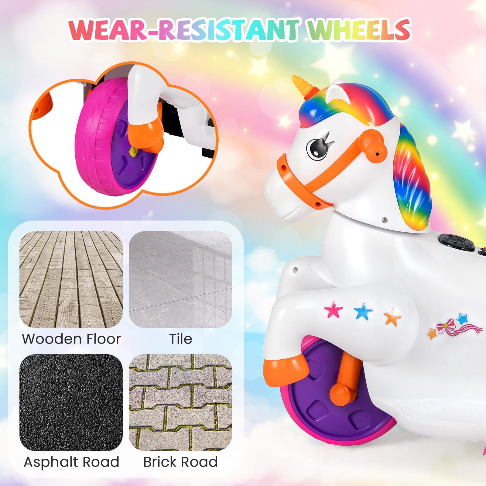 12V Unicorn Ride on Toys, 3-Wheeler Battery Powered Motorized Ride on Horse with Training Wheels, Rainbow Unicorn