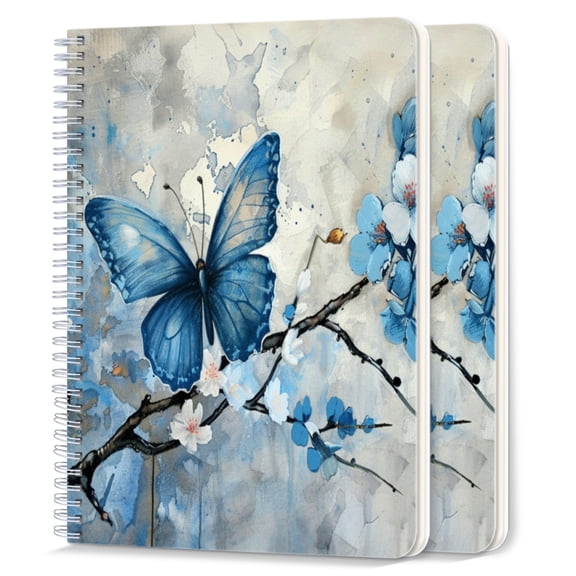 Spiral Notebook,College Ruled Journal,8.26" x 5.71" 50 Sheets/100 Pages,2 Pack - Blue Butterfly on White Cherry Blossom Branch