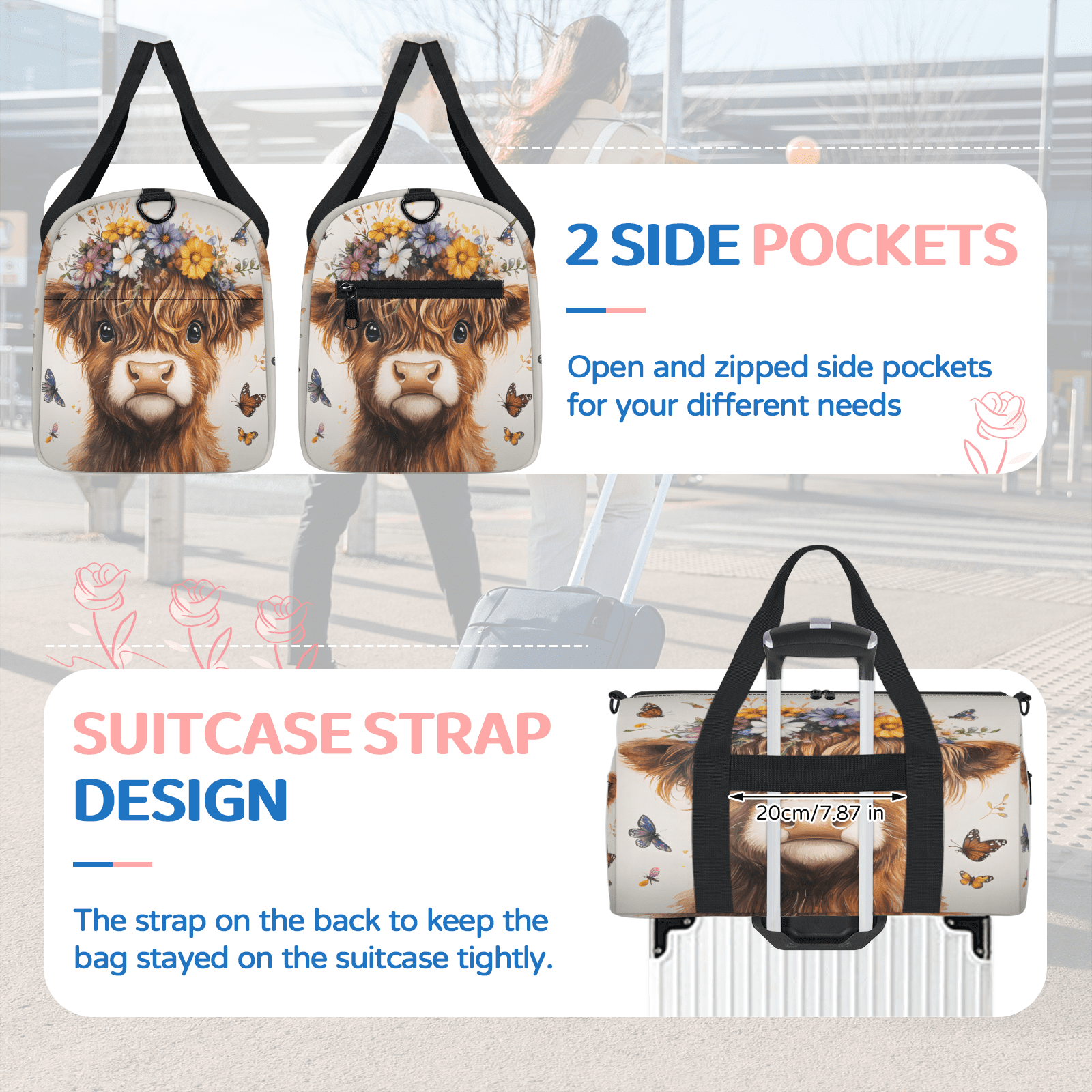 Herdesigns Highland Cow Travel Duffle Bag Sports Yoga Weekender Overnight Carry on Workout Bags Lightweight Waterproof Gym Tote Bag for Women Funny