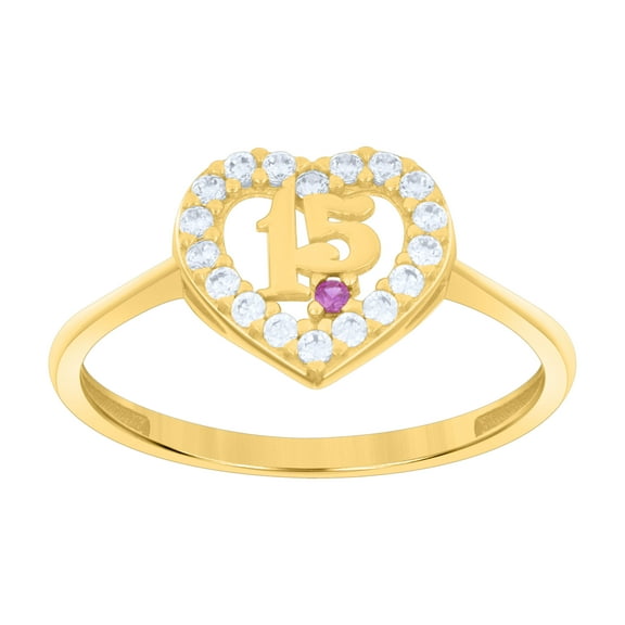 14k Yellow Gold Womens Purple White Cubic-Zirconia Sweet 15 Heart Quinceanera Ring