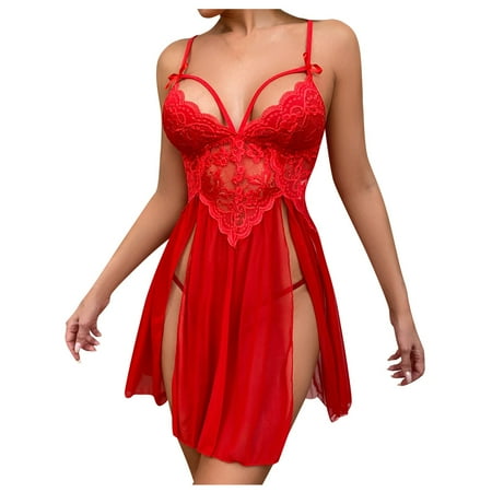 

KDDYLITQ Women Nightdress Lace Sexy Lingerie Strappy Sleeveless Nightgown Womens Chemise Red M