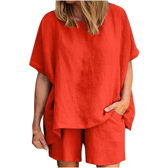 Yuyuzo Ensemble 2 Pcs pour Femmes en Lin, Haut à Manches Courtes Col Rond Oversize Taille Haute avec Poches