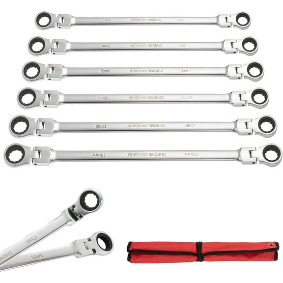 SHZOND 6Pcs Extra Long Flex Head Ratcheting Wrench Set Metric 8-19mm Double Box End Wrench Set Laser Etched Steel Wrenches