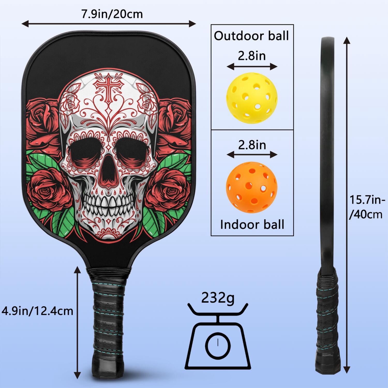 Pickleball Paddles Set Of 2, Fiberglass Surface, Skull & Cool Style, 4 Balls & Bag