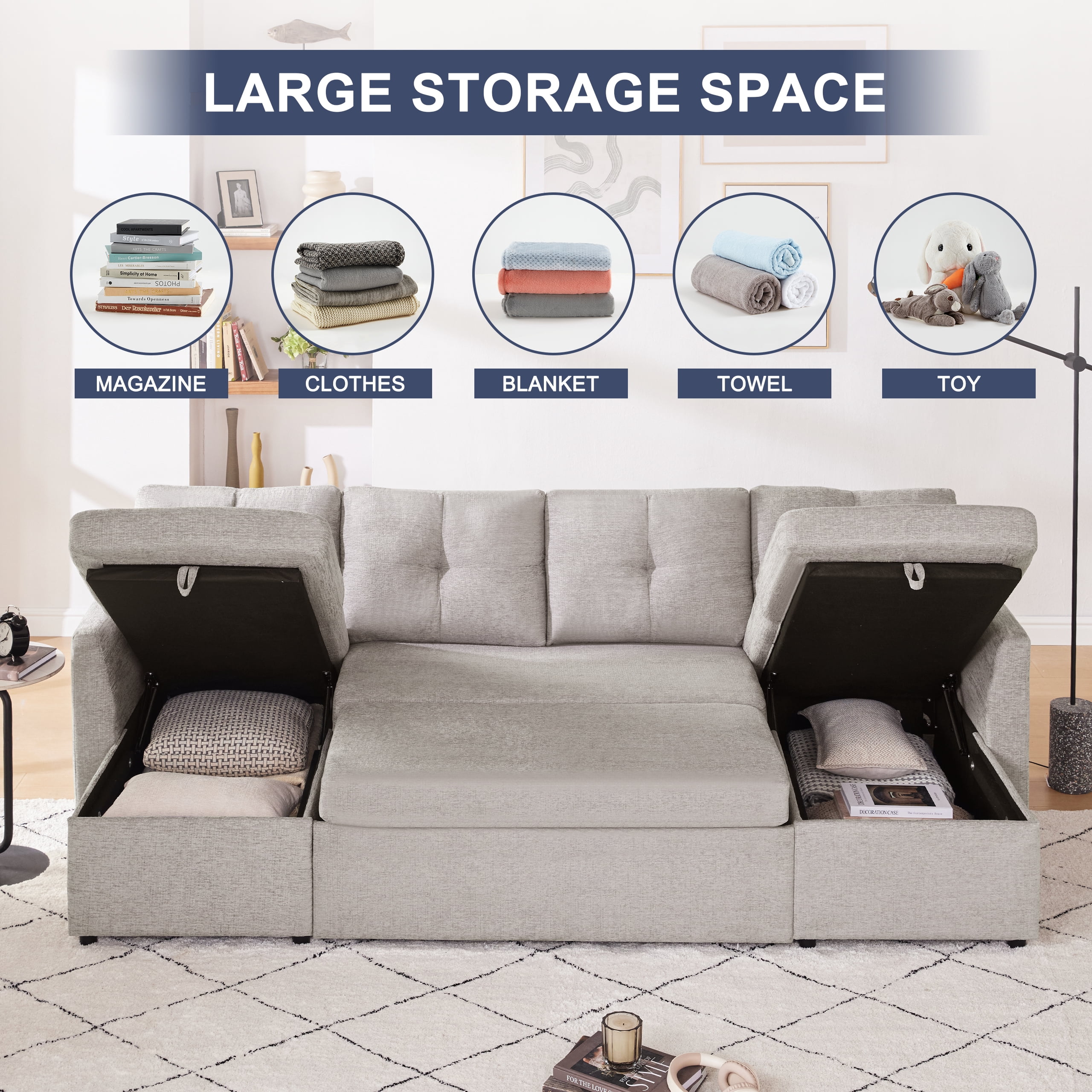 Weture Sectional Sleeper  Sofa, 2 in 1 Pullout Bed with Storage Chaise and Pillows, Side Pocket, LightGray