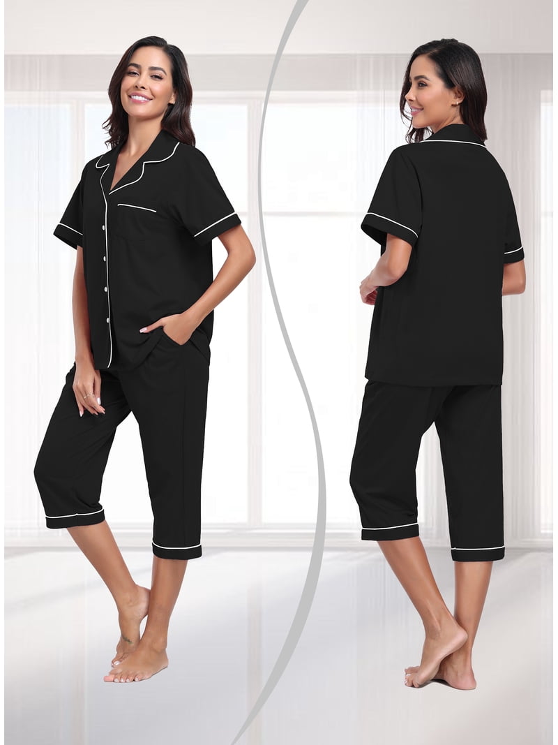 ANLIQI Women's 2-Piece Pajama Set - Short Sleeve Top & Capri Pants (95% Rayon, 5% Spandex)