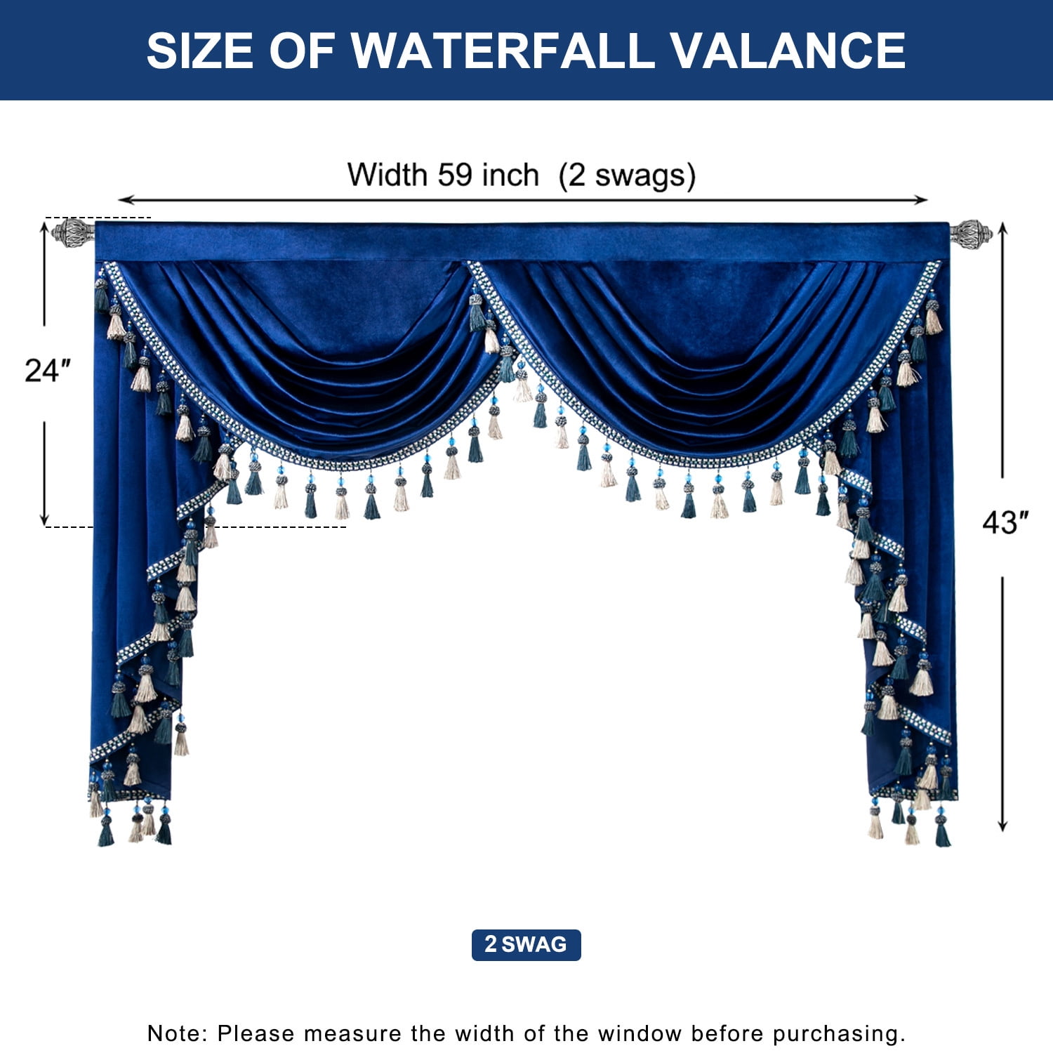 VOGOL Blue Velvet Kitchen Valance, Decorative Waterfall Curtain for Living Room Guest Room Windows, 59 inch Wide Rod Pocket, 1 Panel