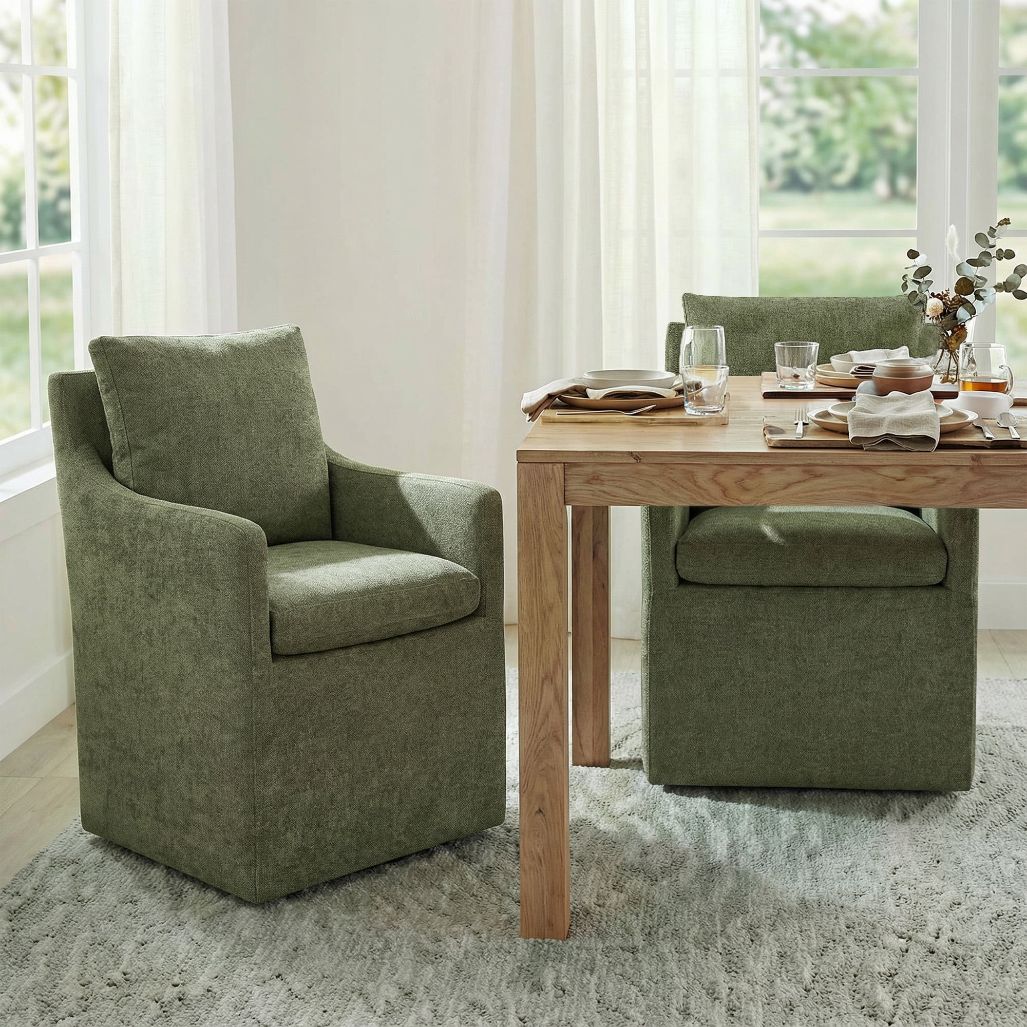 Spruce & Spring Upholstered Dining Arm Chair with Casters, Green Fabric