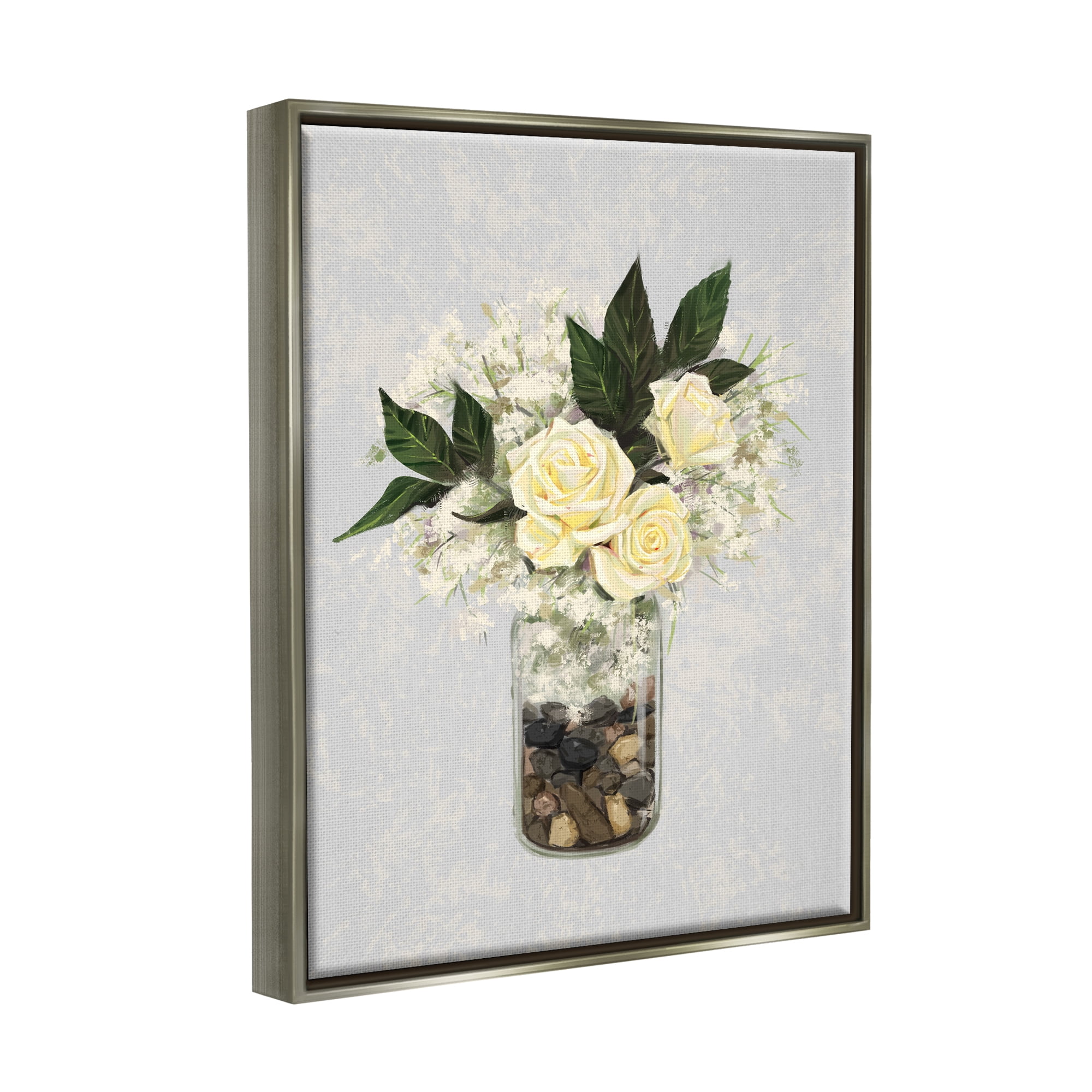 Stupell Industries Yellow Rose Flower Bouquet Decorated Rocks Vase Graphic Art Luster Gray Floating Framed Canvas Print Wall Art, Design by Ziwei Li