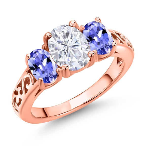 Gem Stone King 18K Rose Gold Plated Silver White Moissanite and Blue Tanzanite Filigree Style 3 Stone Ring for Women (2.40 Cttw, Oval 8X6MM and 6X4MM) (Size 9)