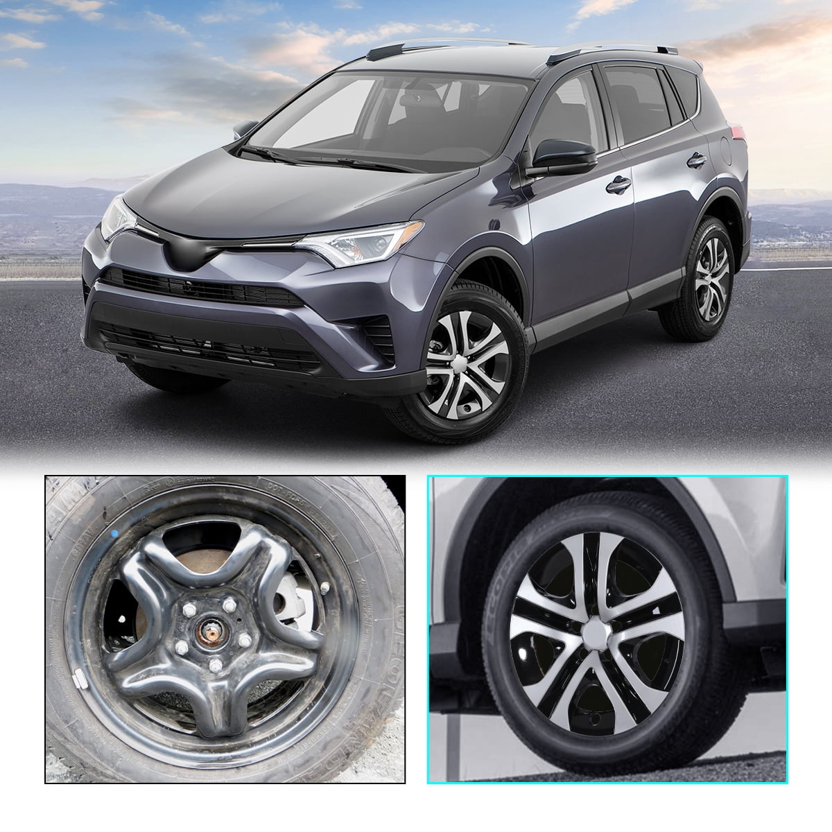 4 Pack 17 inch Wheel Cover Hubcap for 2013 2014 2015 2016 2017 2018 Toyota Rav4,Snap-on Installation,Silver Lacquer & Black Lacquer