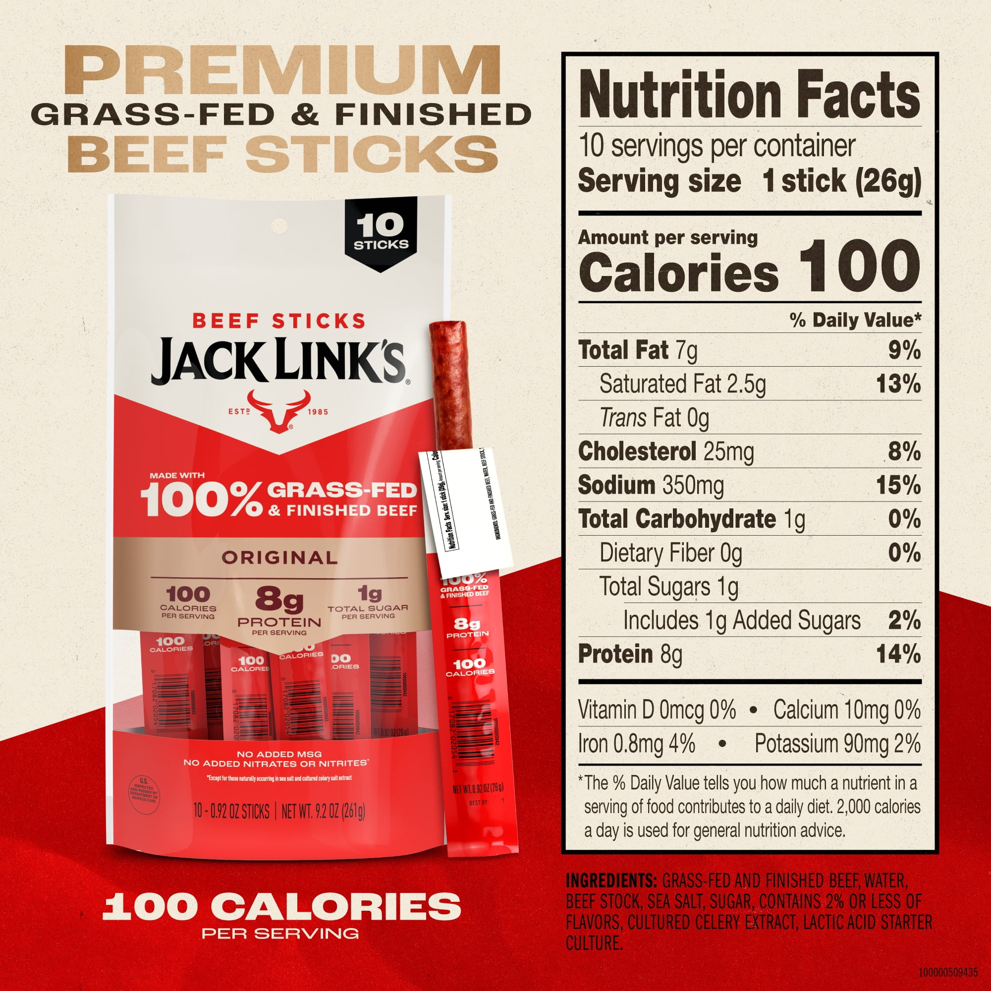 Jack Link’s Grass-Fed & Finished Original Beef Sticks, 9.2 Ounce, 10 count bag
