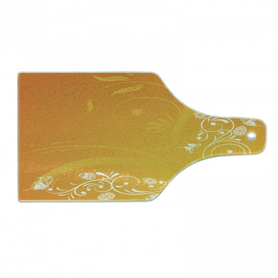 Orange Cutting Board, Easter Themed Abstract Composition with Ornate Flora Eggs and Butterflies, Tempered Glass Cutting and Serving Board, Wine Bottle Shape, Orange Yellow White, by Ambesonne