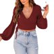 thumbnail image 3 of Camiseta de manga farol con cuello en V y cuello en V para mujer con tira colgante de color sólido Pompotops gfhjh11741, 3 of 5