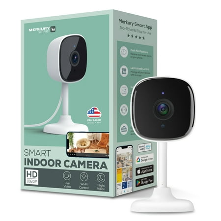 Merkury Smart Indoor Camera 1080p - Wi-Fi Security Cam with Night Vision, White (1-Pack)