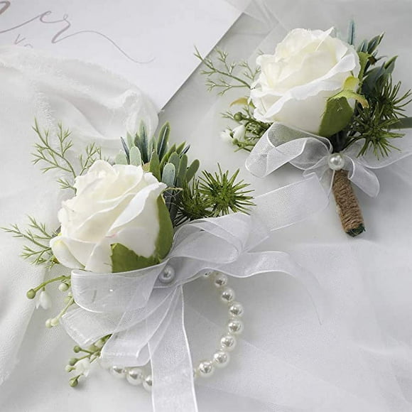 Nvzi Rose Wrist Corsage Wristband Bracelet and Corsage Set for Men White Wedding Flowers Accessories Prom Set Decoration (White)
