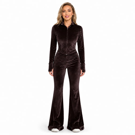 Women's 2-Piece Tracksuit, Long Sleeve Zip-Up Jacket and Flare Pants Outfit Set