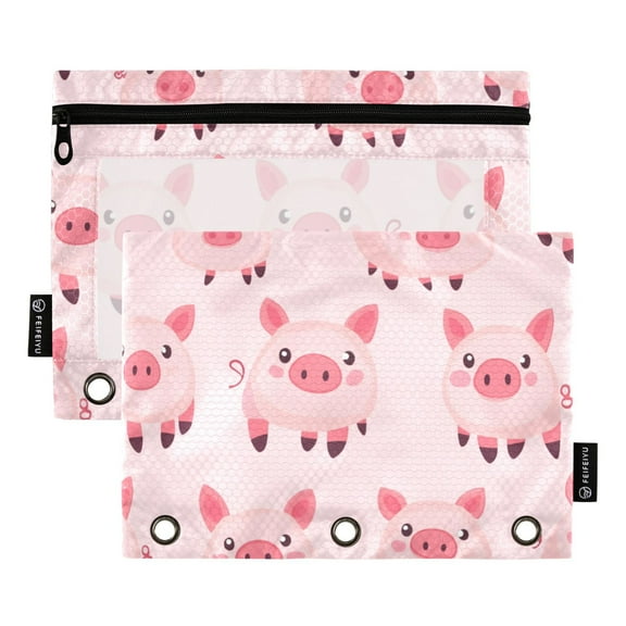 Pencil Pouch for 3 Ring Binder, Binder Pencil Case with Smooth Zipper, Clear Window Pencil Case for Binder, Big Capacity 3 Ring Binder Pencil Bag with 3 Reinforced Grommets. Cute Pig