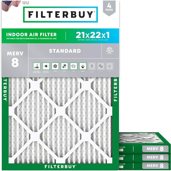 Filterbuy 21x22x1 Air Filter MERV 8 Dust Defense, Pleated HVAC AC Furnace Filter Replacement, 4-Pack