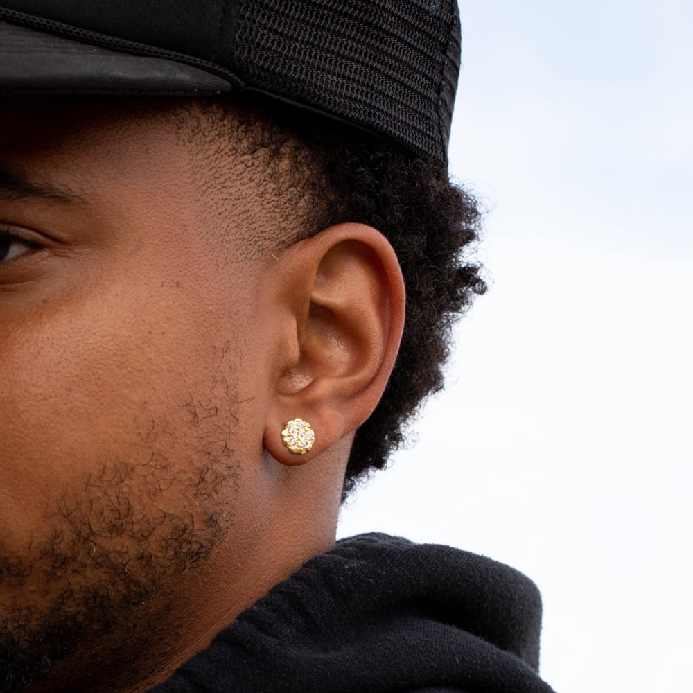 Circle 14K Yellow Gold Plated 925 Sterling Silver Screw Back Post Round Retro 90's Hip Hop Ice Out Cz Solid Gold Nugget Stud Earrings
