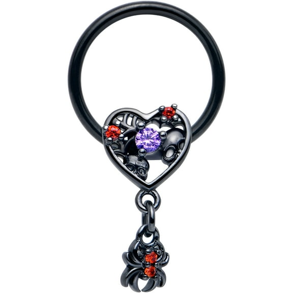 Body Candy 16 Gauge 3/8 Red CZ Gem Black Heart Spider Skull Dangle BCR Captive Ring Stainless Steel for Women