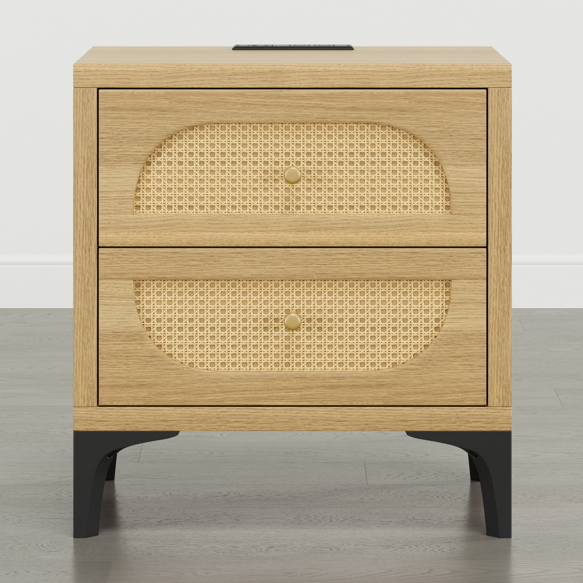 Spruce & Spring Boho Nightstands Set of 2, 2-Drawer End Tables with Charging Station, Rattan Front, Natural Wood Finish