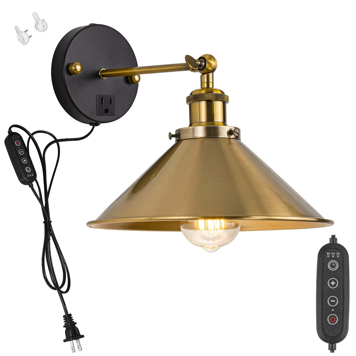 FSLiving Macaron Gold Metal Wall Sconce with 3 Prong Outlet Dimmable