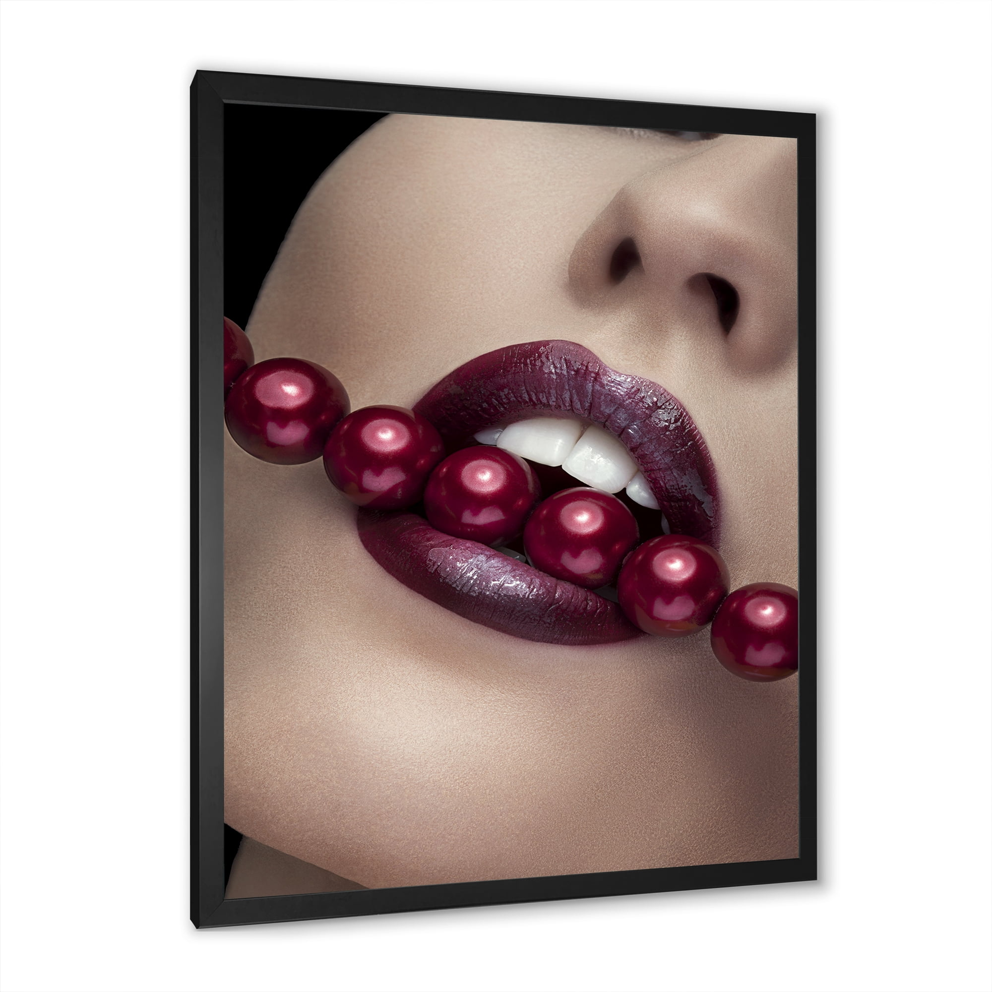 Designart 'Girl Bitting With Red Lips With Red Pearls' Modern Framed Art Print