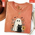 thumbnail image 2 of Cute Ghost & Black Cat Halloween T-Shirt – Aesthetic Floral Spooky Season Tee with Bats & Fall Flowers, Soft Vintage Style, 2 of 6